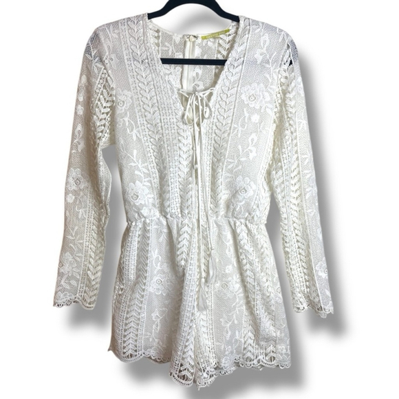 Ivory White Lace Long Sleeve Romper Fully Lined Size Small - Picture 2 of 8